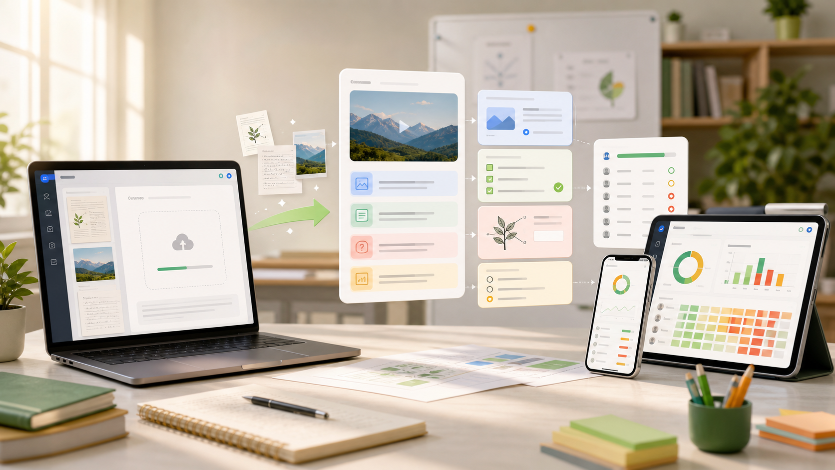 Teacher material becomes an AI lesson, tasks, a knowledge check, and progress analytics.
